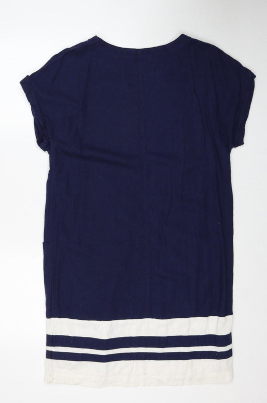 F&F Womens Blue Striped Linen A-Line Size 8 V-Neck Pullover