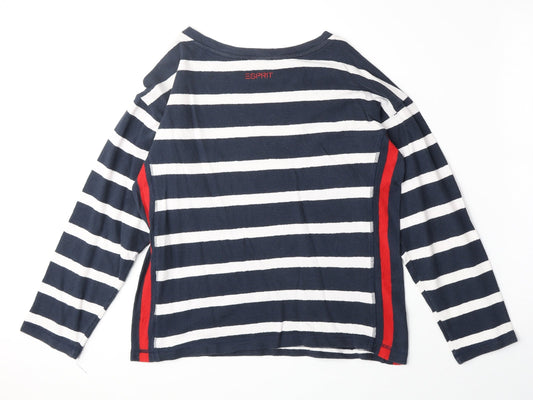 Esprit Womens Blue Striped 100% Cotton Basic T-Shirt Size S Round Neck