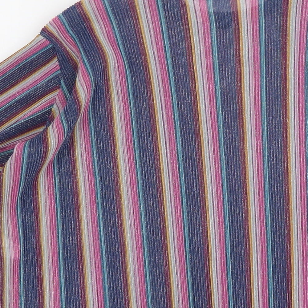 Bershka Womens Multicoloured Striped Polyester Basic T-Shirt Size S Round Neck