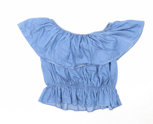 Cameo Rose Womens Blue Cotton Cropped Blouse Size 10 Off the Shoulder - Flower Detail
