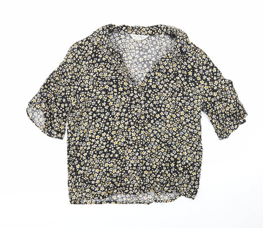 Miss Selfridge Womens Black Floral Viscose Basic Button-Up Size 6 Collared