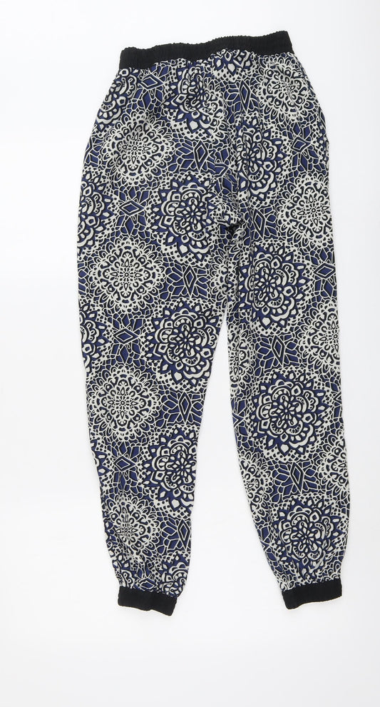 Topshop Womens Blue Geometric Polyester Jogger Trousers Size 8 L27 in Regular Drawstring
