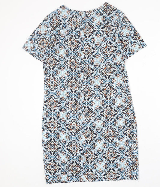 New Look Womens Blue Geometric Polyester A-Line Size 6 Round Neck Zip