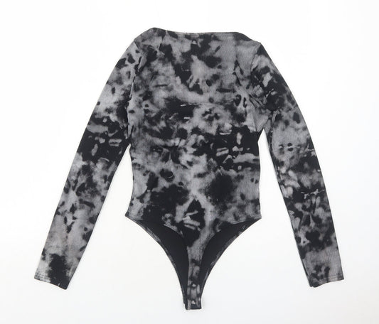 PRETTYLITTLETHING Womens Black Tie Dye Polyester Bodysuit One-Piece Size 6 Snap