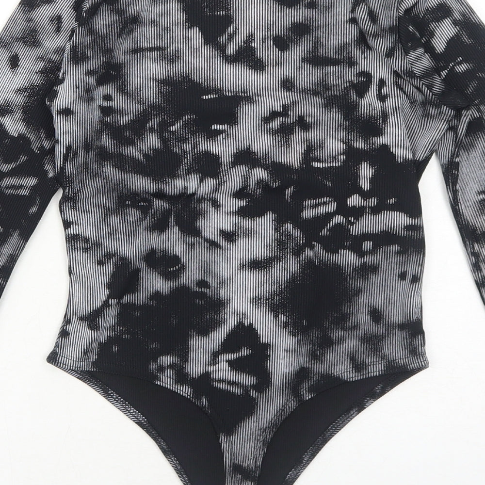 PRETTYLITTLETHING Womens Black Tie Dye Polyester Bodysuit One-Piece Size 6 Snap