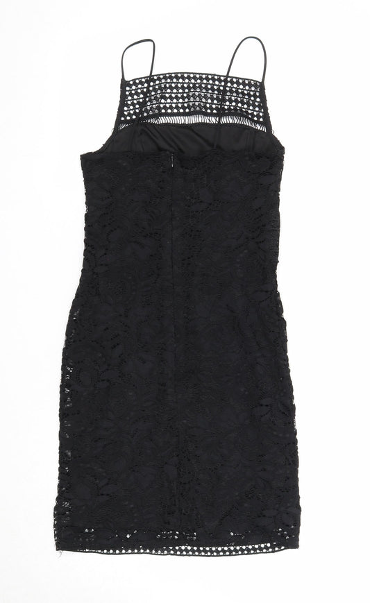 Topshop Womens Black Geometric Nylon A-Line Size 8 Square Neck Zip