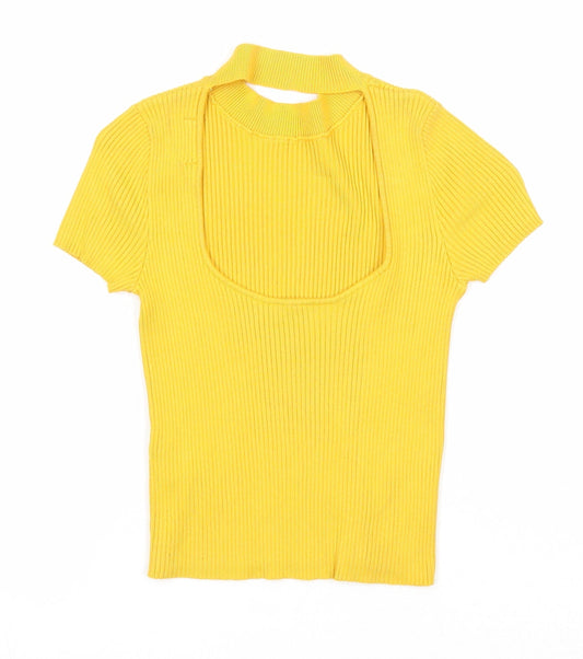 Bershka Womens Yellow Viscose Basic T-Shirt Size S Round Neck - Open Back
