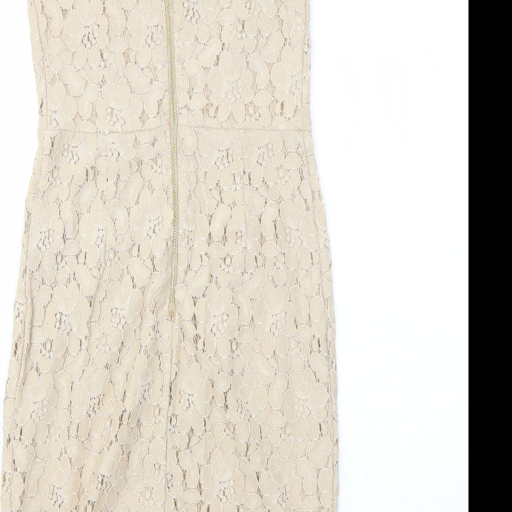 Dorothy Perkins Womens Beige Floral Nylon A-Line Size 8 Round Neck Zip