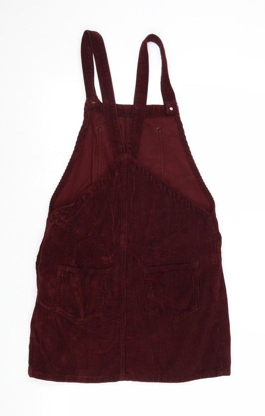 Topshop Womens Red 100% Cotton Pinafore/Dungaree Dress Size 6 Square Neck Button