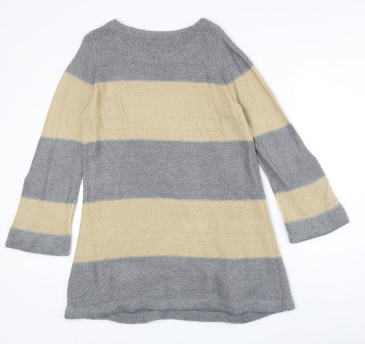 Marks and Spencer Womens Grey Round Neck Striped Acrylic Pullover Jumper Size 14