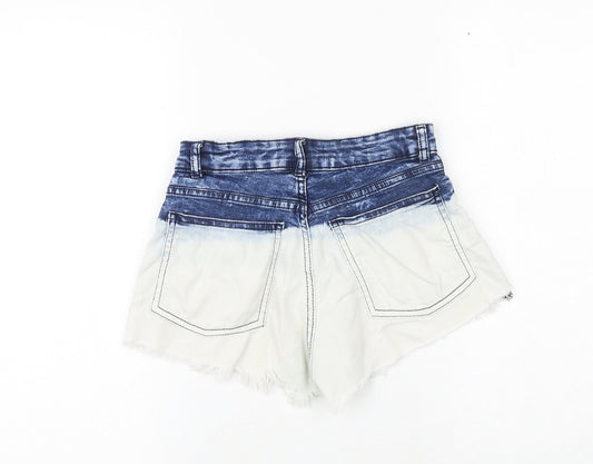 H&M Womens Blue Colourblock 100% Cotton Cut-Off Shorts Size 8 Regular Zip