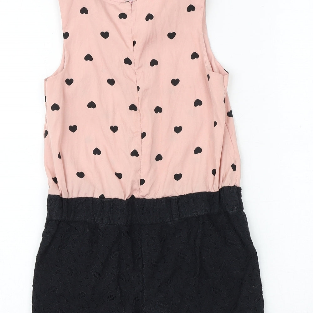 NEXT Girls Pink Geometric Cotton Romper One-Piece Size 7 Years Zip - Heart Pattern