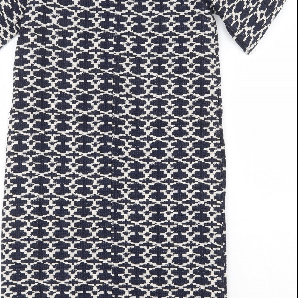 Carement Beau Womens Blue Geometric Cotton A-Line Size 12 Round Neck Zip
