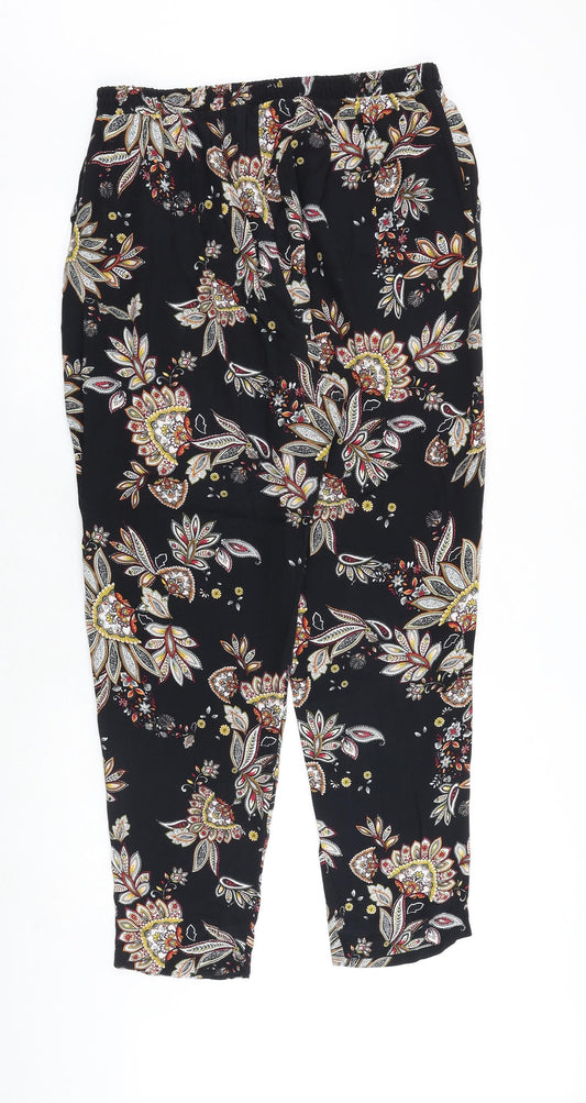 Blue Chameleon Womens Black Floral Viscose Trousers Size M Regular Drawstring