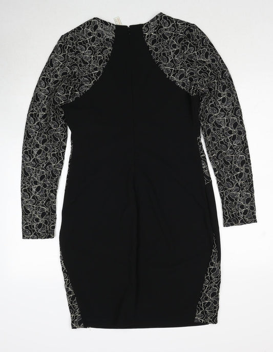 Body Flirt Womens Black Geometric Polyester A-Line Size M Round Neck Zip