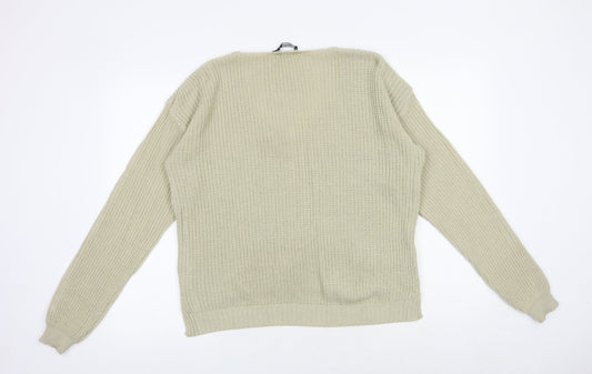 Boohoo Womens Beige V-Neck Acrylic Pullover Jumper Size M