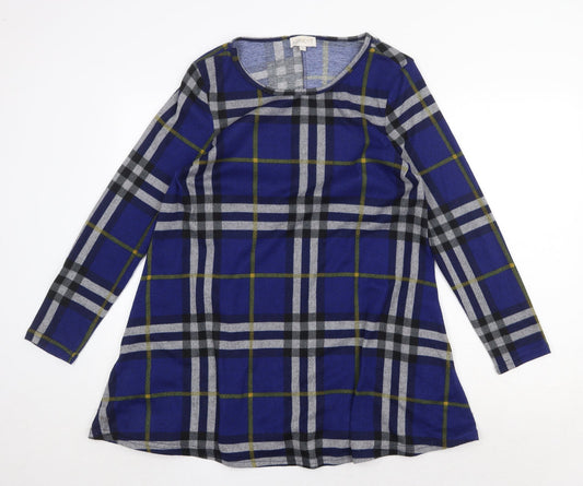 Apricot Womens Blue Plaid Polyester Trapeze & Swing Size 12 Round Neck Pullover