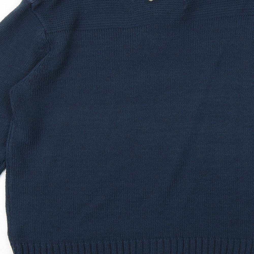 Black Label Mens Blue High Neck Acrylic Henley Jumper Size M Long Sleeve