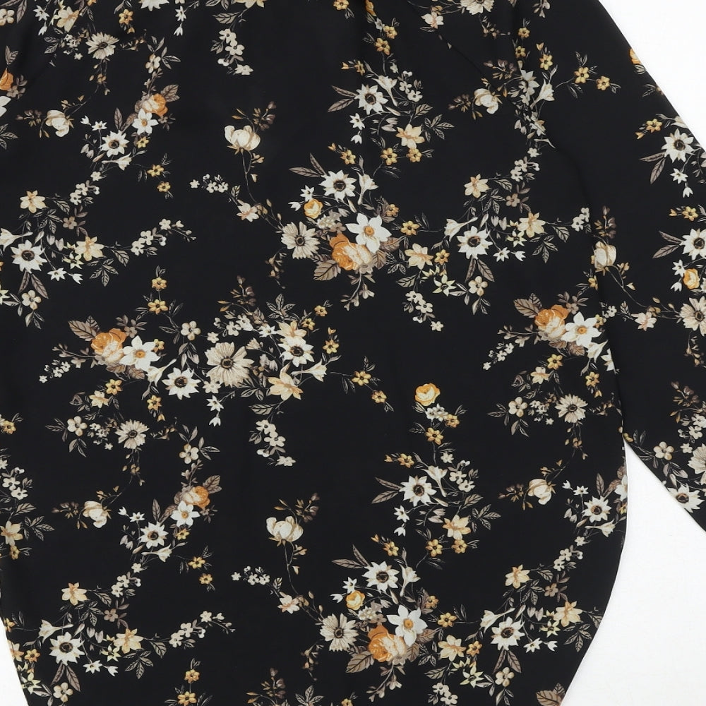 Miss Selfridge Womens Black Floral Polyester Basic Blouse Size 6 Round Neck