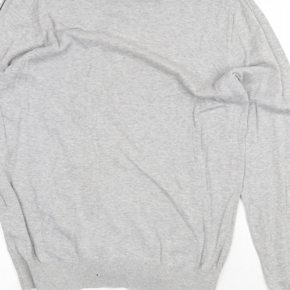 Brand and care label for Batistini men’s grey v-neck cotton jumper, size L, long sleeve