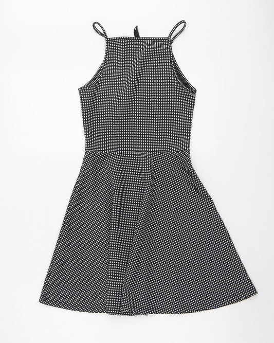 H&M Womens Black Geometric Polyester Fit & Flare Size 8 Square Neck Pullover