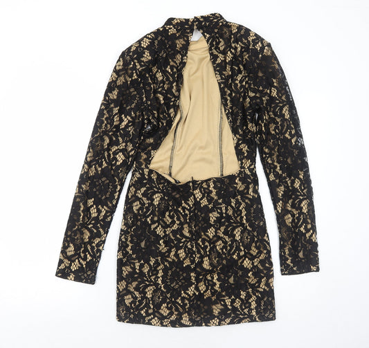 PRETTYLITTLETHING Womens Black Geometric Polyester Bodycon Size 10 Round Neck Zip