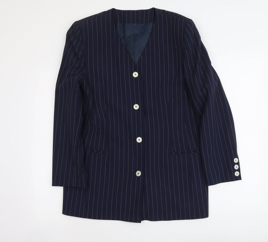 Additional front view of C&A women’s blue striped polyester jacket suit jacket, size UK 14