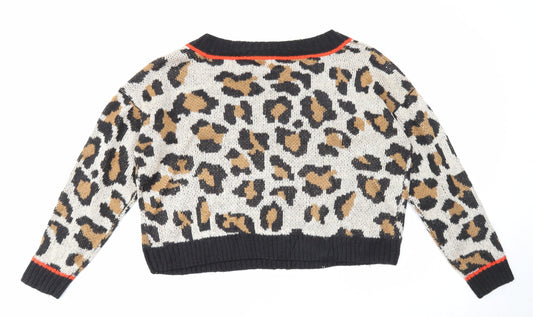 Full Circle Womens Beige V-Neck Animal Print Acrylic Pullover Jumper Size XL - Leopard Pattern