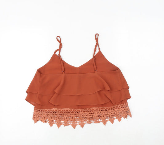 Glamorous Womens Brown Polyester Cropped Tank Size S V-Neck - Crochet Detail