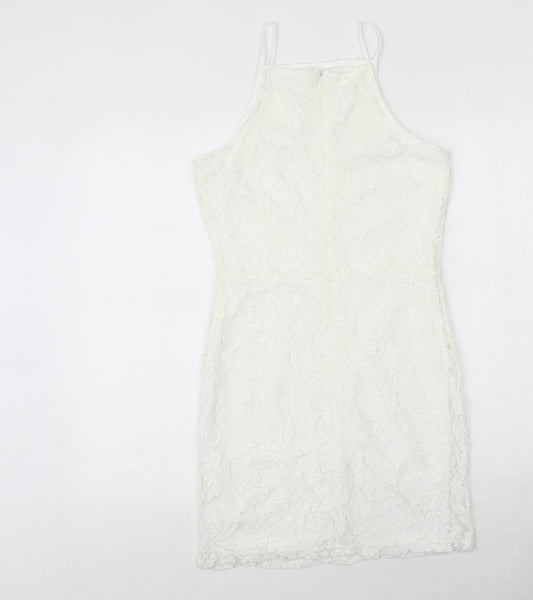 Missguided Womens White Geometric Nylon Bodycon Size 10 Square Neck Zip