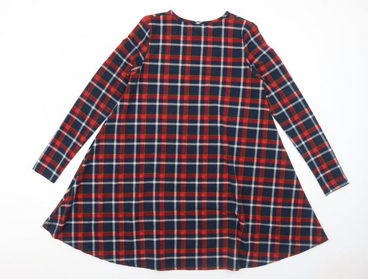 Glamorous Womens Blue Plaid Polyester Trapeze & Swing Size 10 Round Neck Pullover