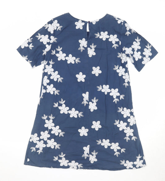 Apricot Womens Blue Floral Cotton T-Shirt Dress Size 8 Round Neck Button