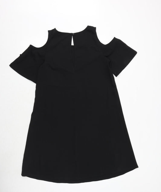 Marks and Spencer Womens Black Polyester T-Shirt Dress Size 10 Round Neck Button - Cold Shoulder