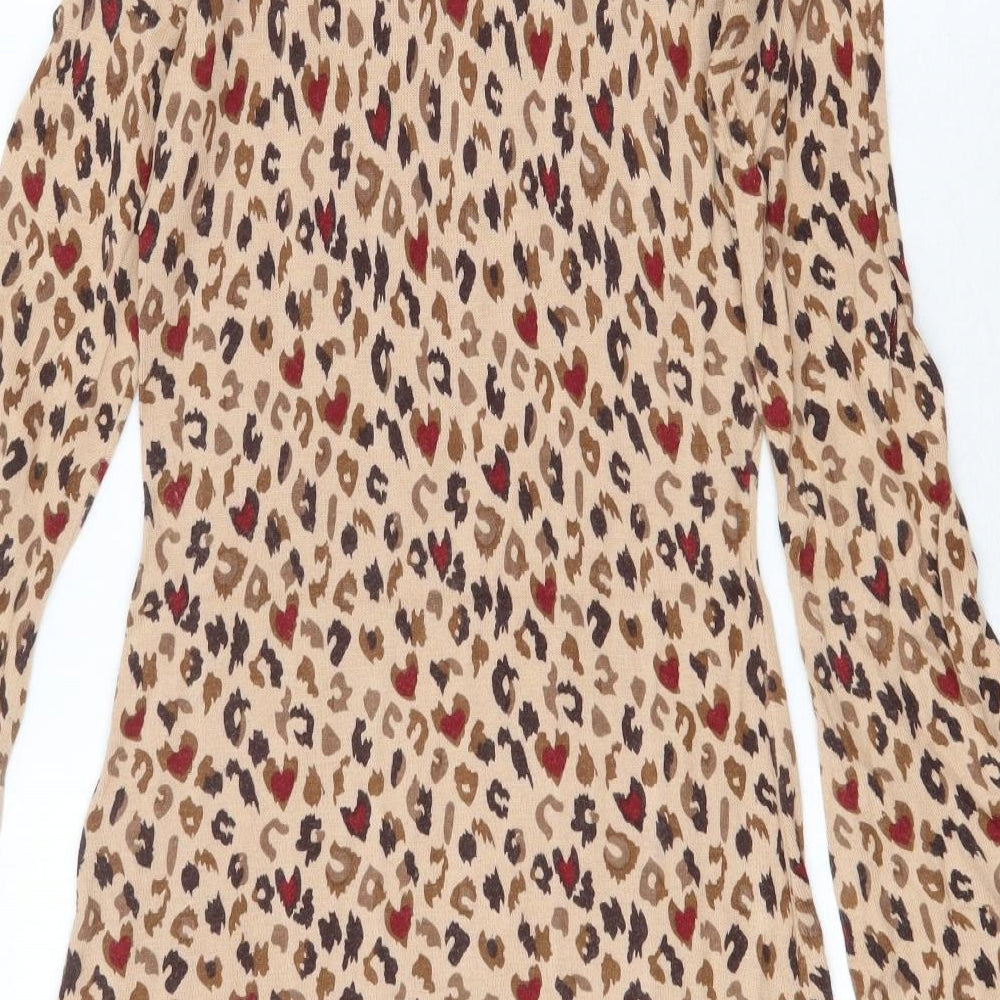 Oasis Womens Beige Animal Print Cotton Jumper Dress Size XS Round Neck Pullover - Leopard Pattern