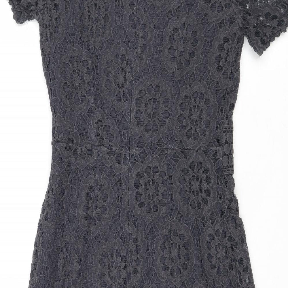 Oasis Womens Grey Geometric Cotton A-Line Size XS Round Neck Zip