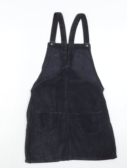 Topshop Womens Blue Cotton Pinafore/Dungaree Dress Size 6 Square Neck Button