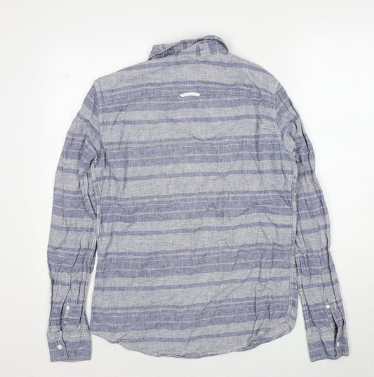 Pull&Bear Mens Blue Striped Polyester Polo Size S Collared Pullover