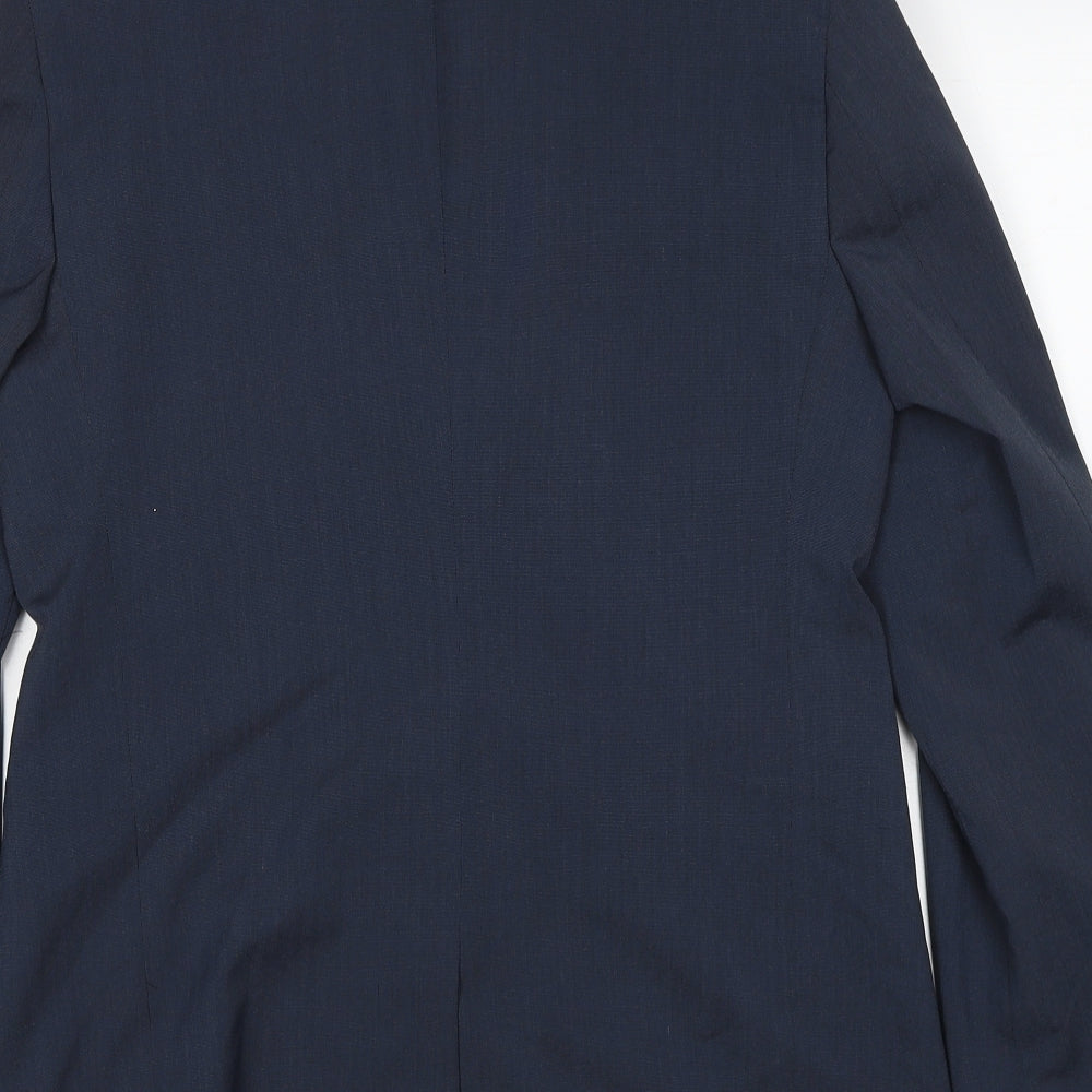 Brand and care label for ASOS men’s blue polyester jacket suit jacket, size 40, regular