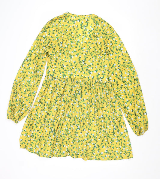 Boohoo Womens Yellow Floral Polyester Fit & Flare Size 10 V-Neck Zip