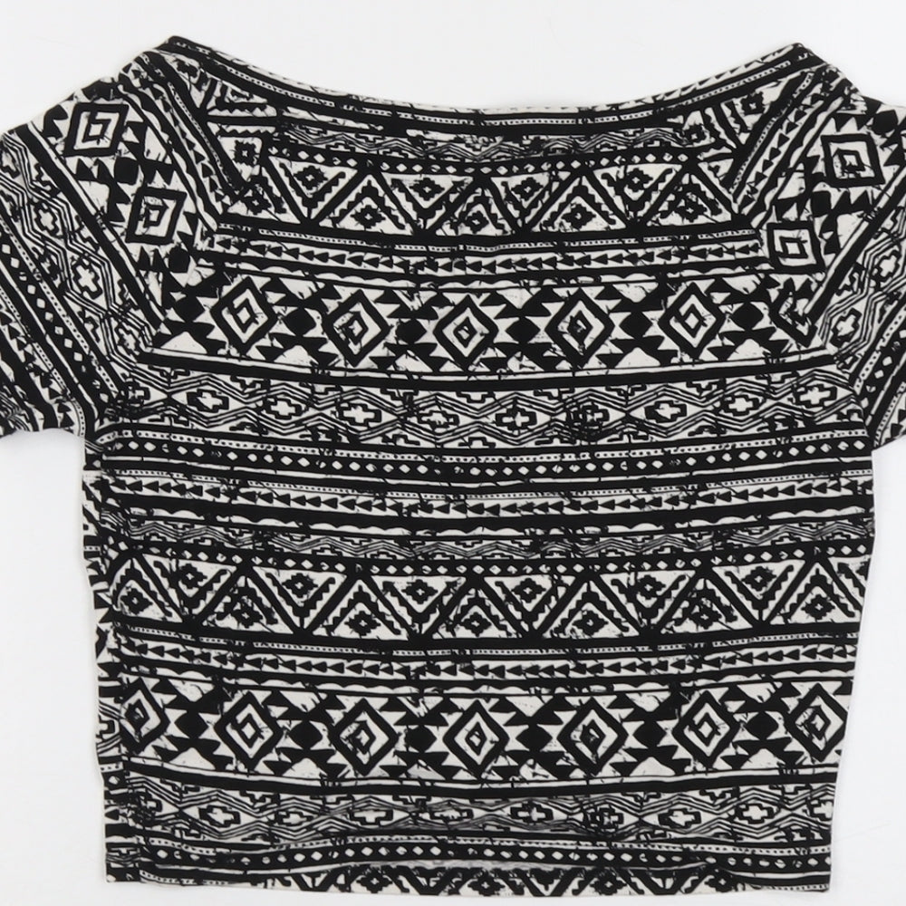 FOREVER 21 Womens Black Geometric Viscose Cropped T-Shirt Size L Round Neck