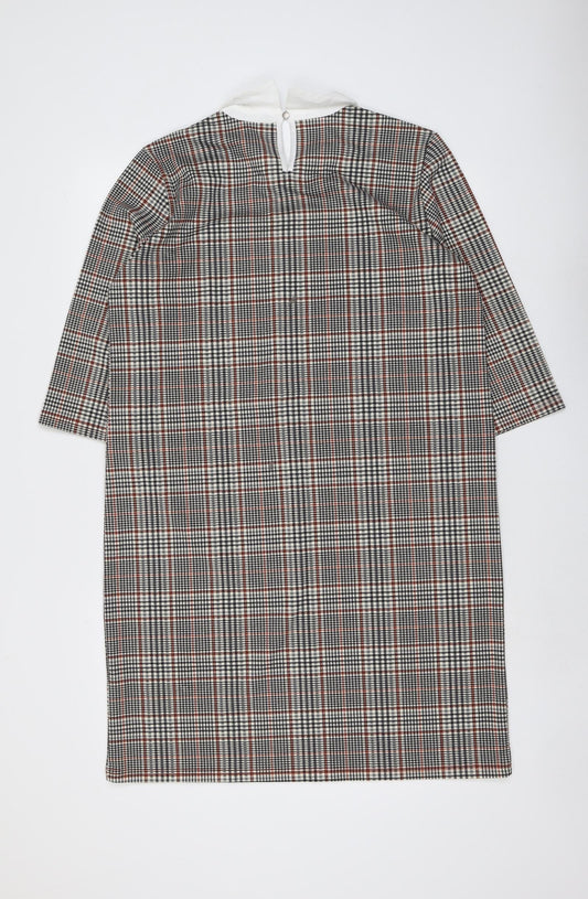 Fransa Womens Black Plaid Polyester A-Line Size L Collared Button
