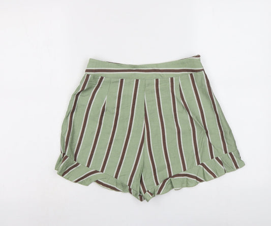 PRETTYLITTLETHING Womens Green Striped Viscose Culotte Shorts Size 8 L3 in Regular Zip
