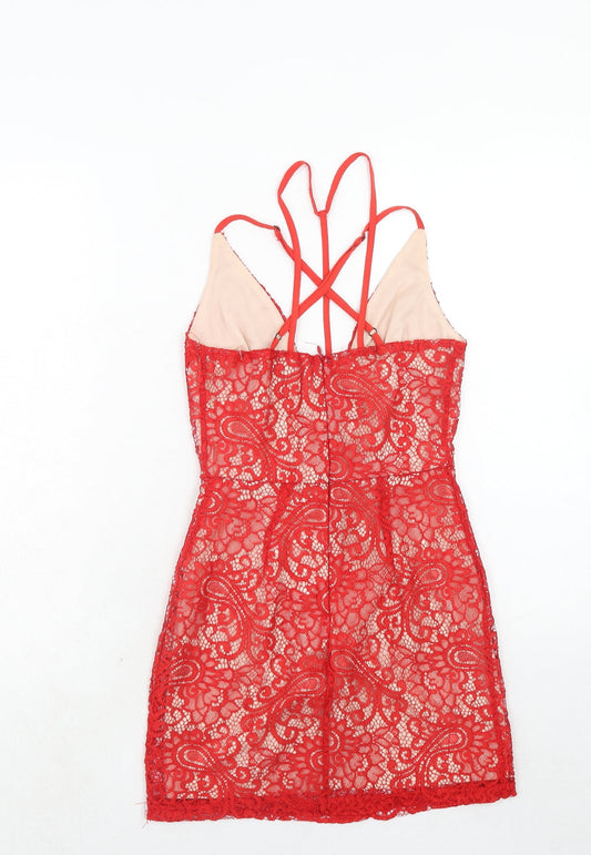 Boohoo Womens Red Geometric Polyester Bodycon Size 6 V-Neck Zip