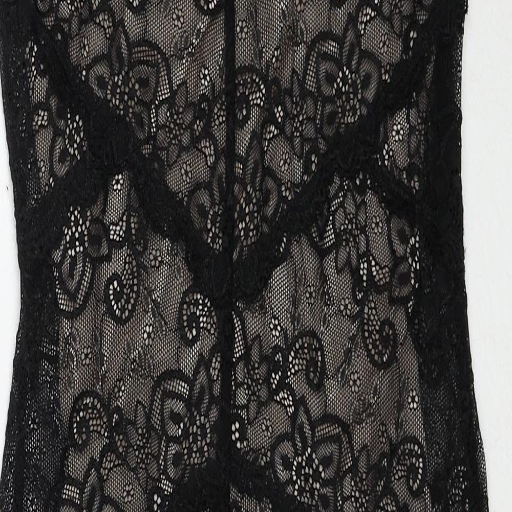 Oasis Womens Black Geometric Polyamide A-Line Size XS Round Neck Button