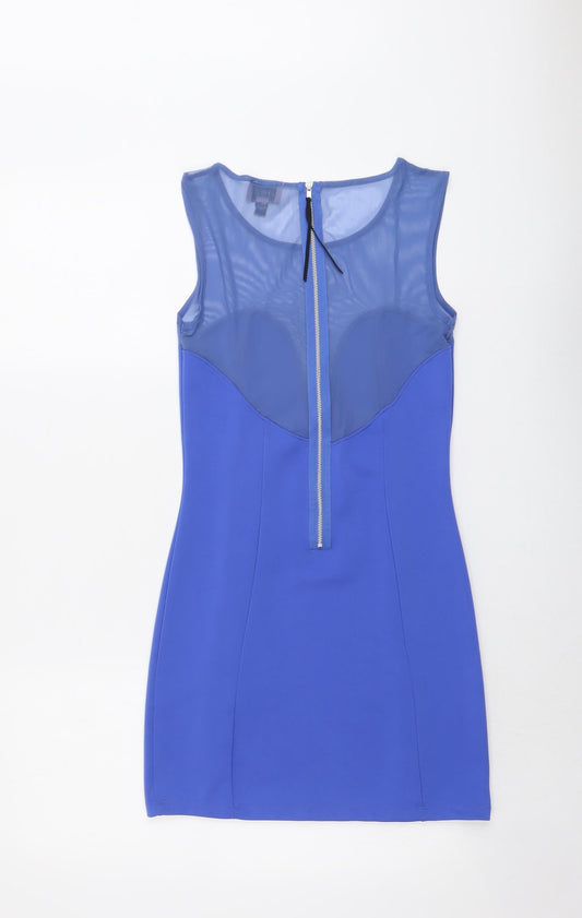 Topshop Womens Blue Polyester Mini Size 10 Boat Neck Zip - Mesh Panel