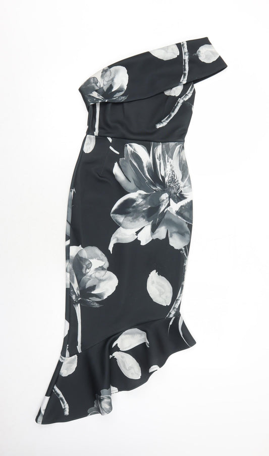 ASOS Womens Black Floral Polyester Bodycon Size 4 One Shoulder Zip