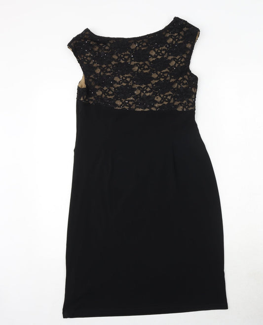 Connected Womens Black Nylon Pencil Dress Size 8 Boat Neck Pullover - Lace Detail
