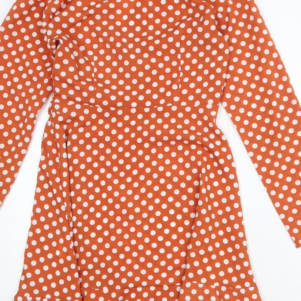Missguided Womens Orange Polka Dot Polyester Trapeze & Swing Size 8 V-Neck Zip