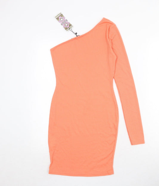 Boohoo Womens Orange Polyester Bodycon Size 8 One Shoulder Pullover