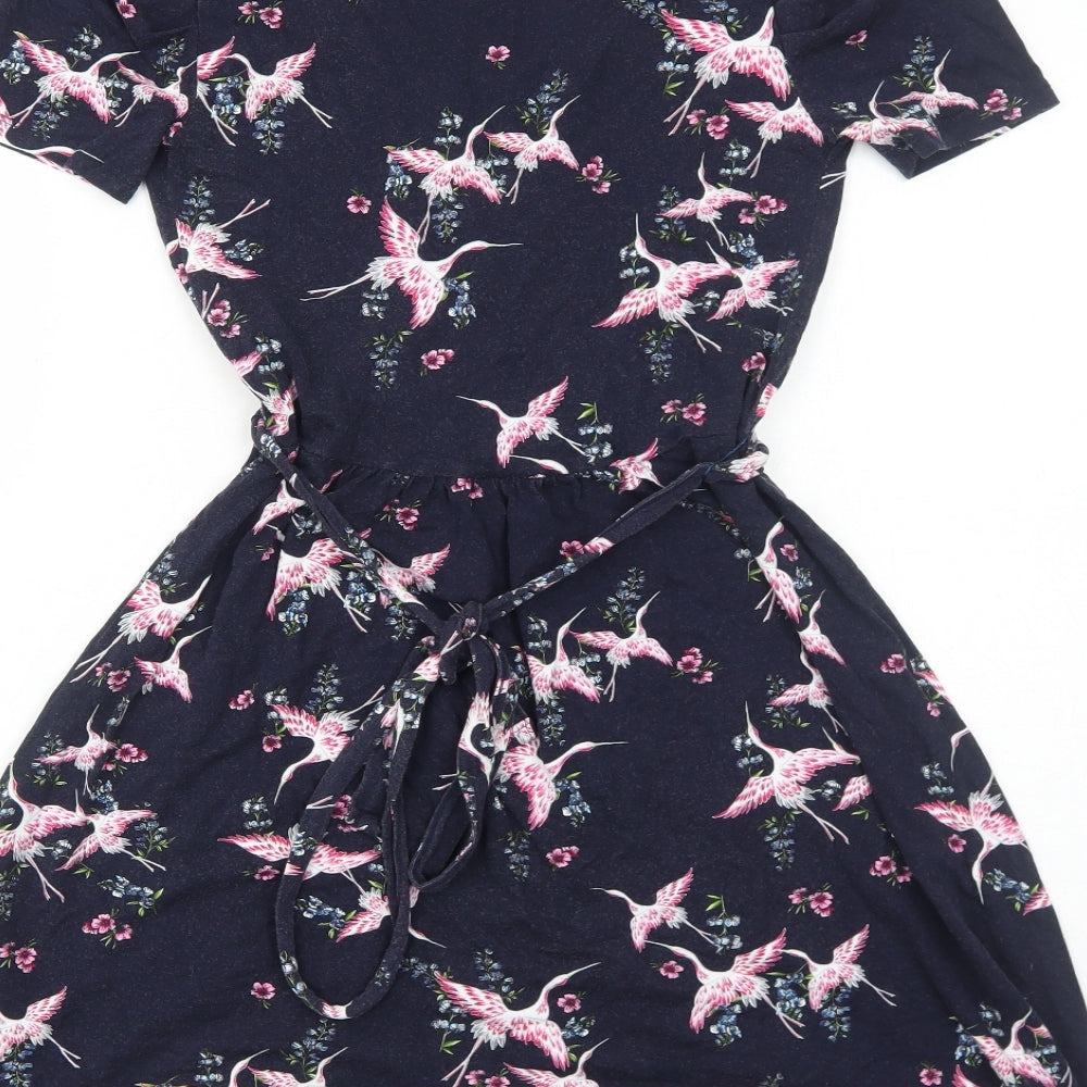 Oasis Womens Blue Floral Viscose Fit & Flare Size XS V-Neck Pullover - Bird Pattern